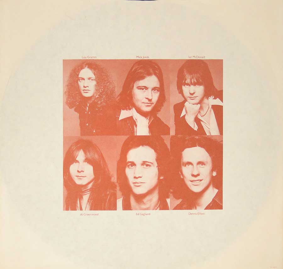 Six portrait photos of the Foreigner band-members on the original custom inner sleeve 