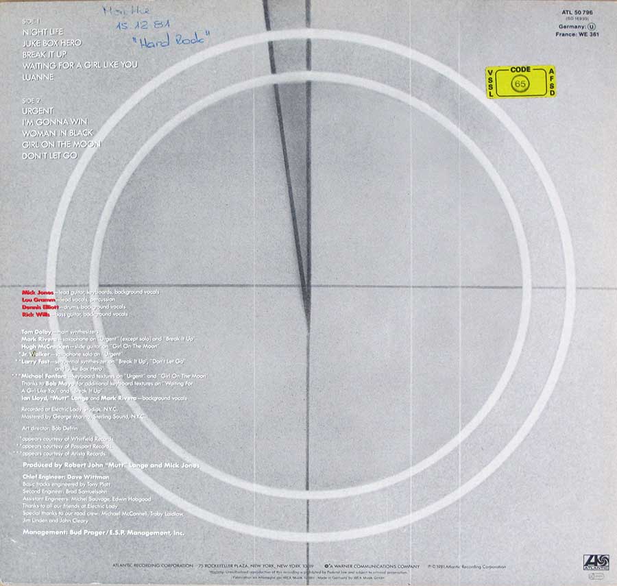 FOREIGNER - 4 Four Atlantic ATL 50 796 12" LP VINYL back cover