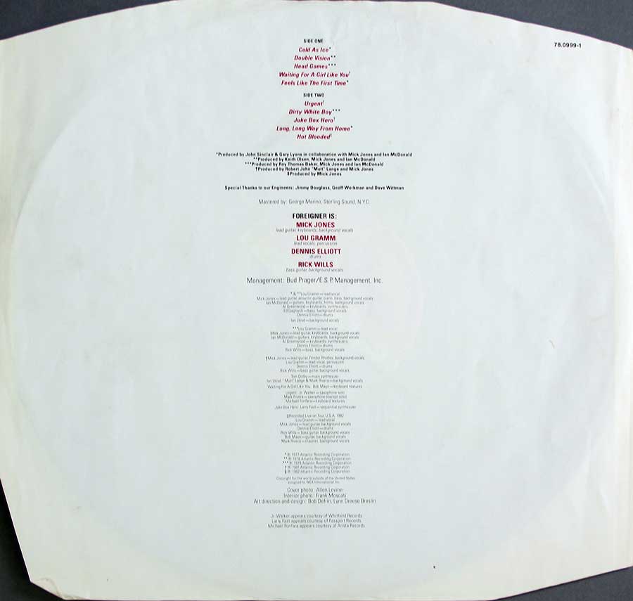 FOREIGNER - Records Die-Cut Cover 12" LP VINYL Album custom inner sleeve