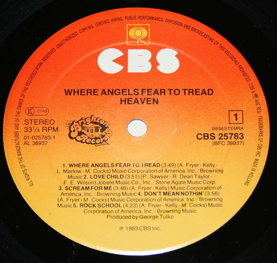 Close up of record's label HEAVEN - Where Angels Fear To Tread 12" LP Vinyl Album Side One