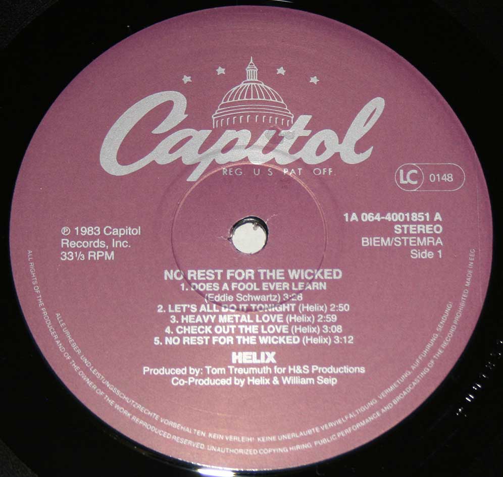 Close-up Photo Purple "Capitol Records" Record Label  of "HELIX - No Rest for the Wicked On Tour with KISS" 