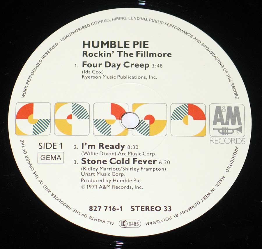 Close up of record's label HUMBLE PIE - Performance Rockin The Fillmore 12" Vinyl LP ALbum Side One