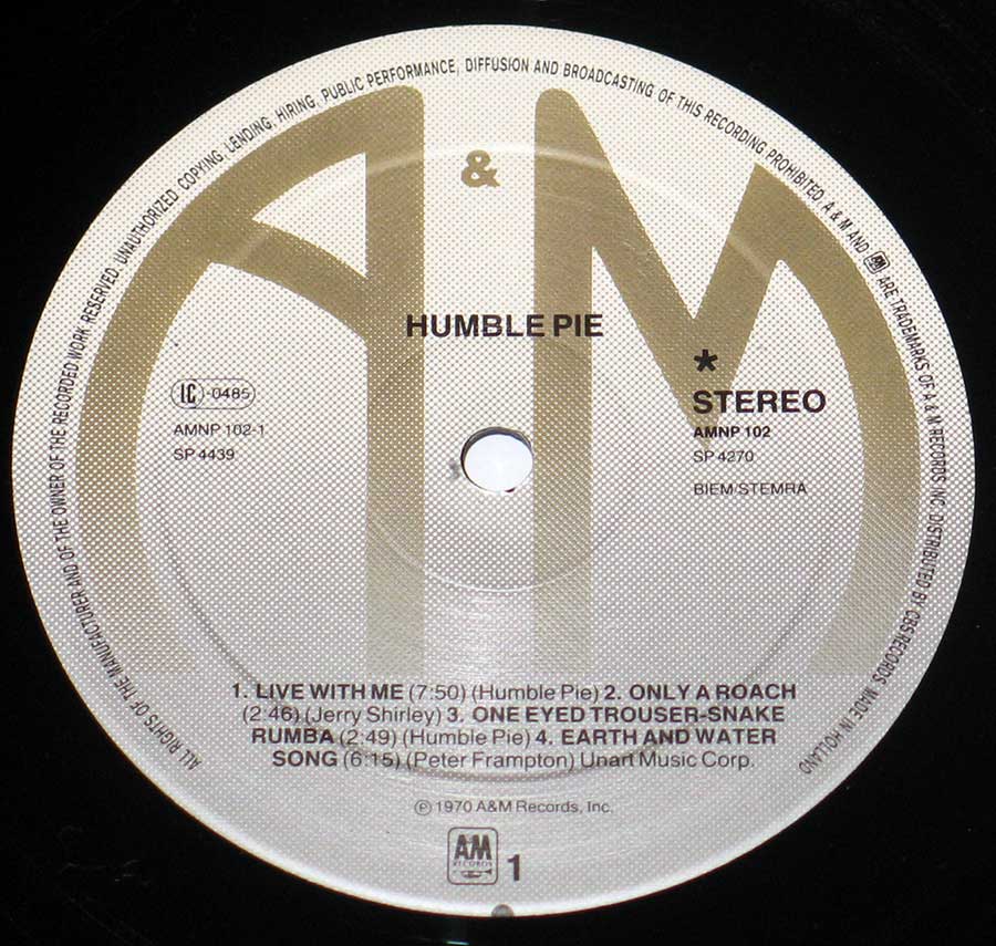 Close up of record's label HUMBLE PIE - Self-Titled Classic Rock 12" Vinyl LP Album Side One