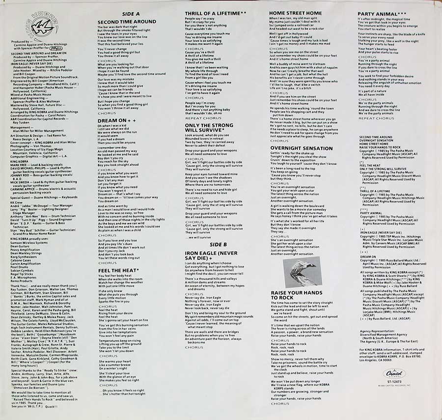 Photo Two of the original custom inner sleeve  KING KOBRA - Thrill Of A Lifetime ( Canada Release )