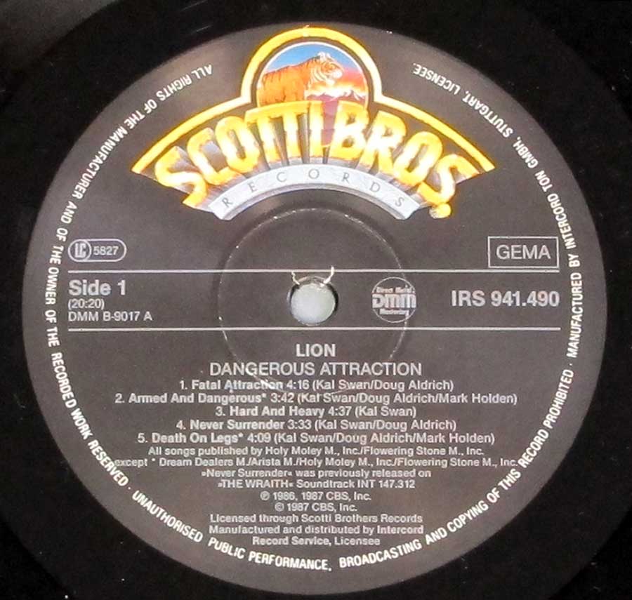 LION - Dangerous Attraction 12" LP VINYL ALBUM enlarged record label