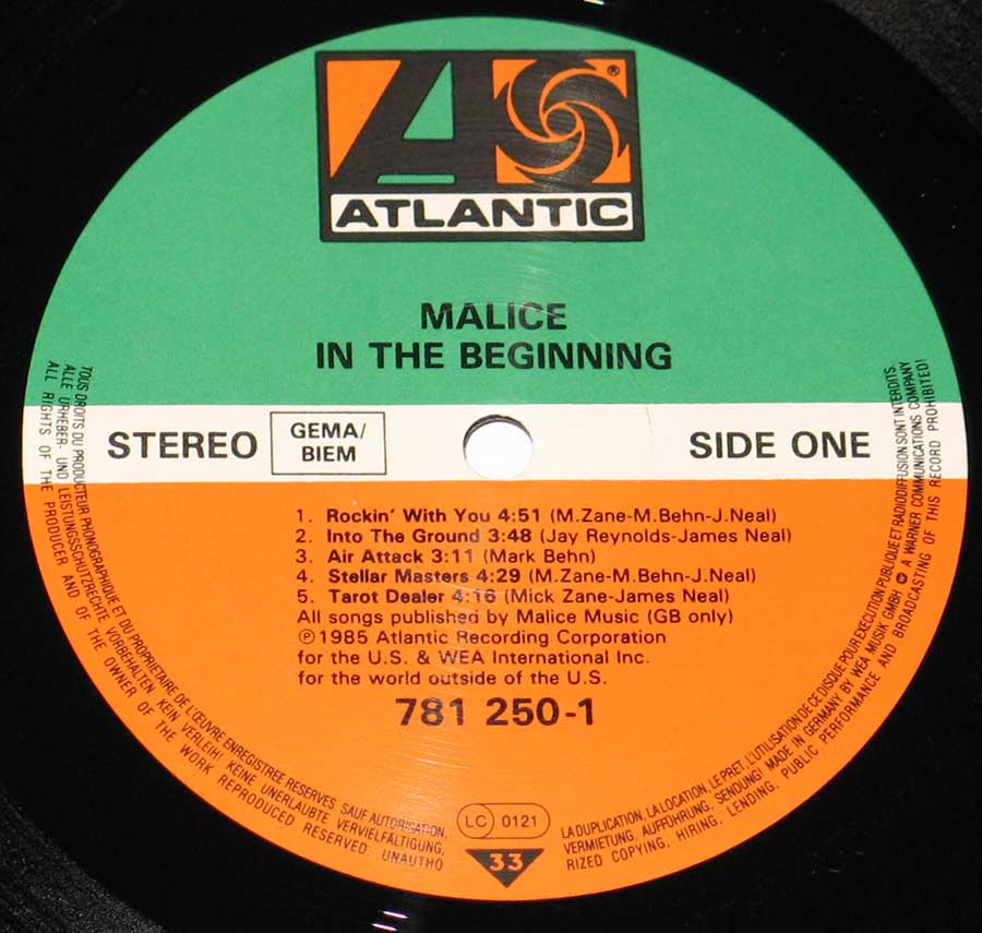Malice In the Beginning 12" VINYL LP ALBUM enlarged record label