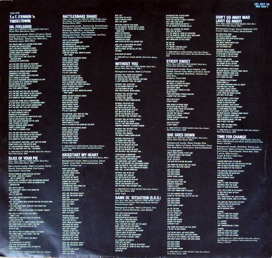 MOTLEY CRUE - Dr Feelgood Germany Elektra 960 829 EKT 59 12" Vinyl LP Album
 custom inner sleeve
