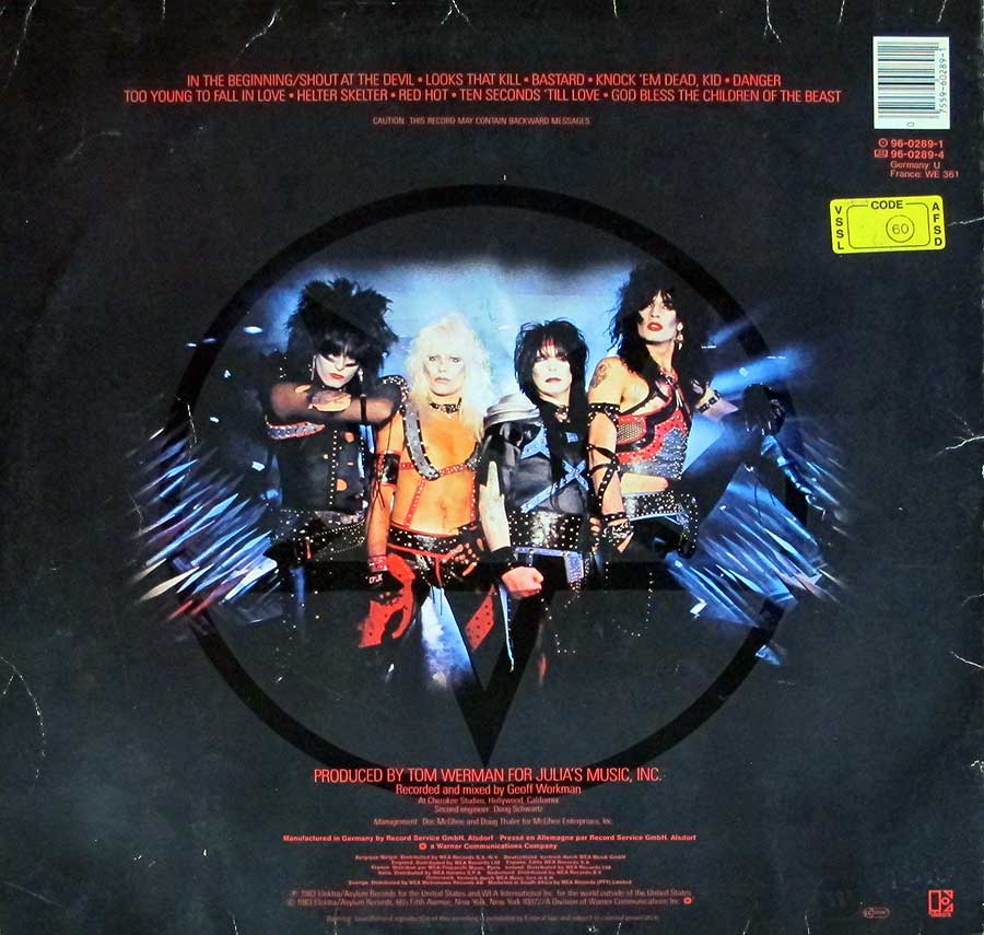 MÖTLEY CRÜE - Shout At The Devil Germany Gatefold 12" LP Vinyl Album
 back cover