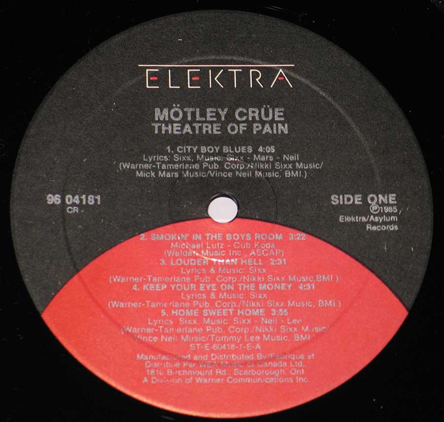 "Theatre of Pain" Black and Red Colour Elektra Record Label Details: Elektra 96 04181 