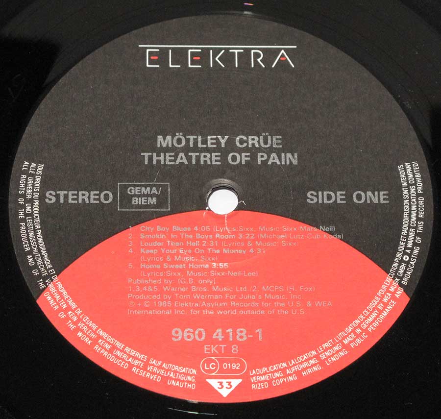 Close up of Side One record's label MOTLEY CRUE - Theatre Of Pain Germany 12" Vinyl LP Album
