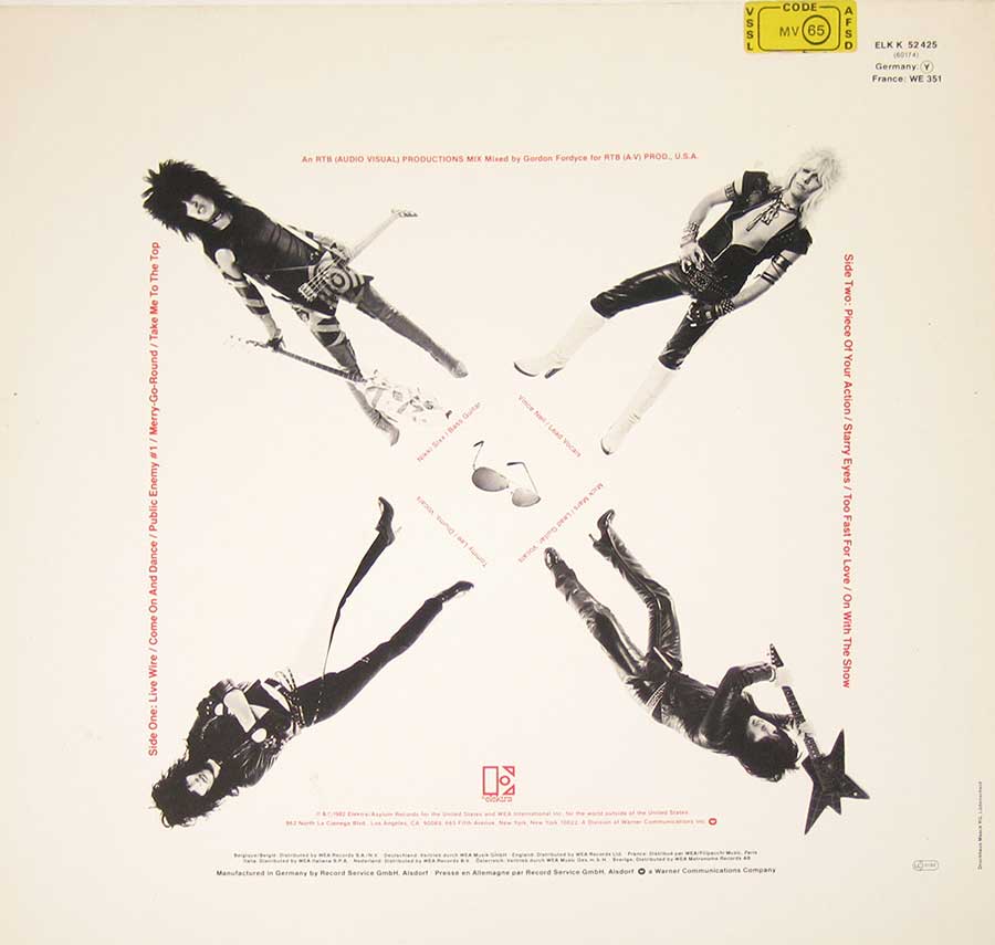 Photo of album back cover MOTLEY CRUE - Too Fast for Love Germany 12" Vinyl LP Album