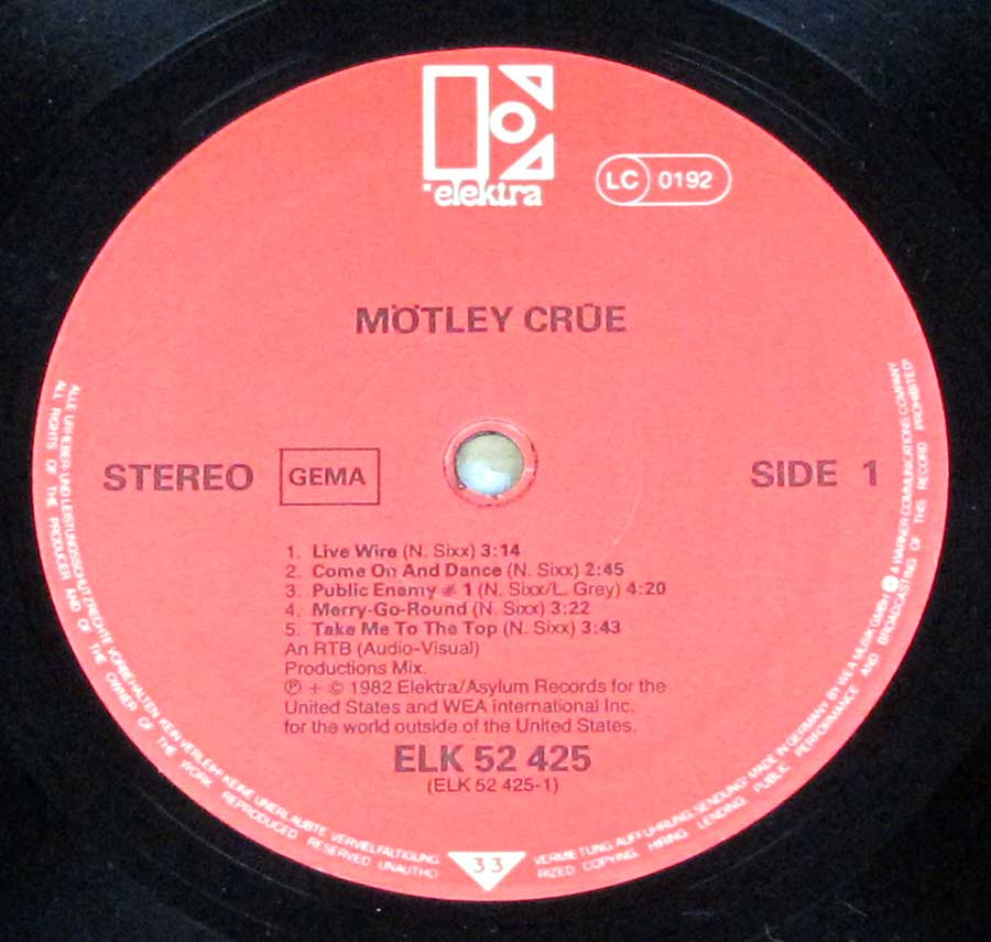 Close up of Side One record's label MÖTLEY CRÜE - Too Fast For Love Germany No Album Title 12" LP Vinyl Album
