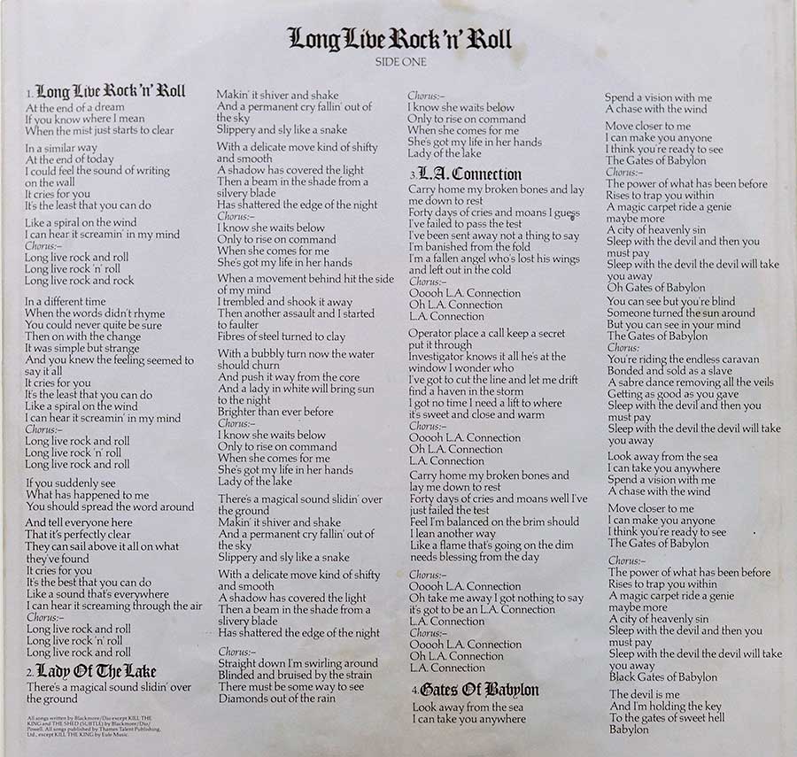 Photo Two of the original custom inner sleeve  RAINBOW - Long Live Rock and Roll
