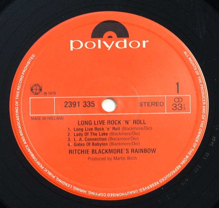 Close up of record's label RAINBOW - Long Live Rock and Roll Side One