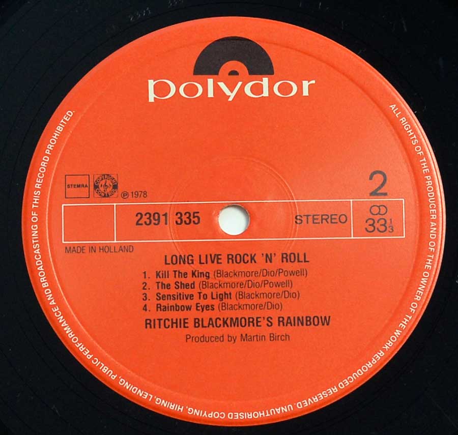 Close up of record's label RAINBOW - Long Live Rock and Roll Side Two