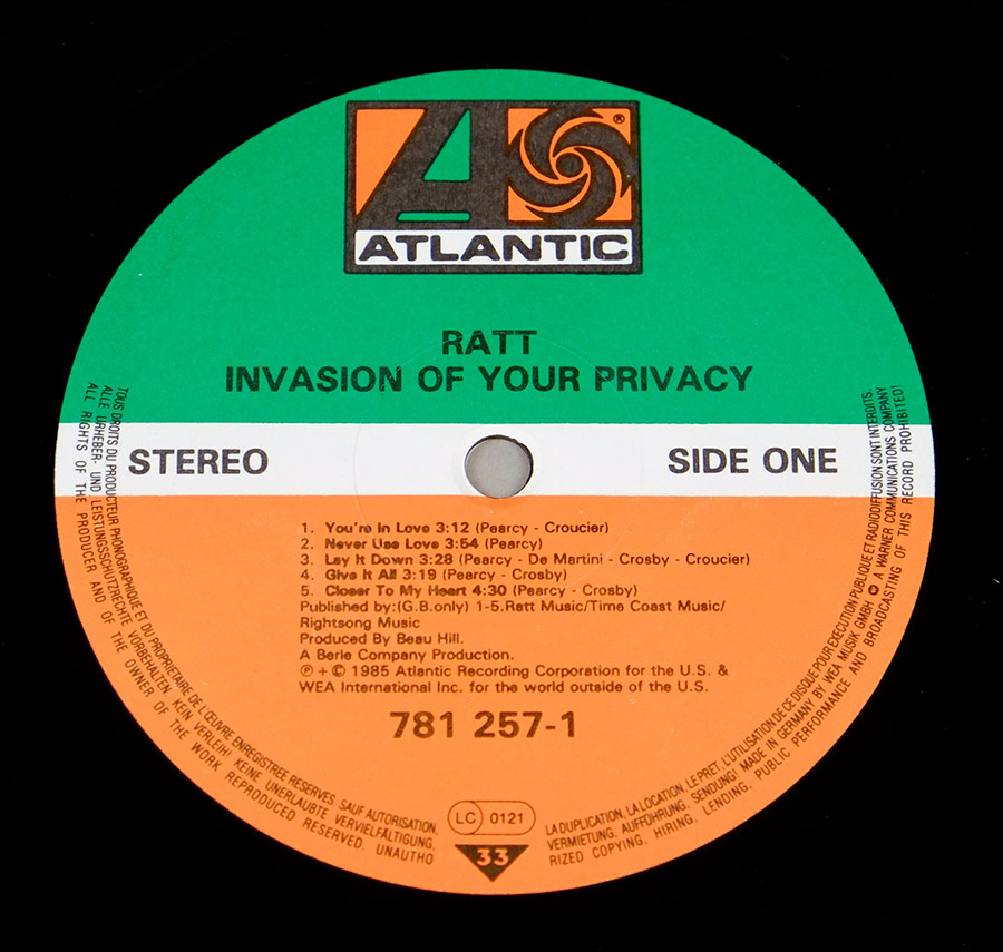 Close up of Side One RATT - Invasion Of Your Privacy NO GEMA LOGO 