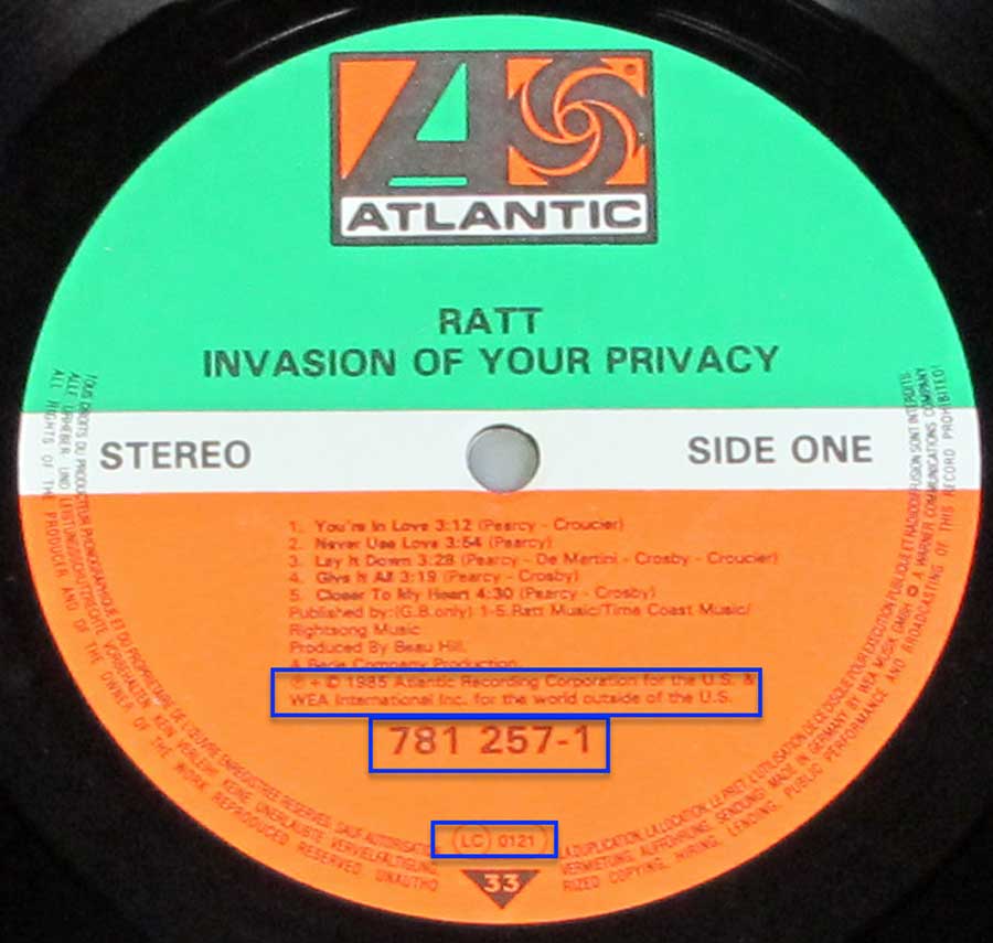 Close up of Side One RATT - Invasion Of Your Privacy USA release 