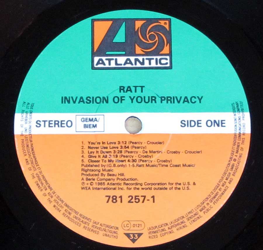 Close up of Side One RATT - Invasion of your Privacy 