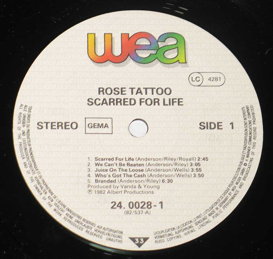 Close up of record's label ROSE TATTOO - Scarred for Life 12" Vinyl LP Album Side One
