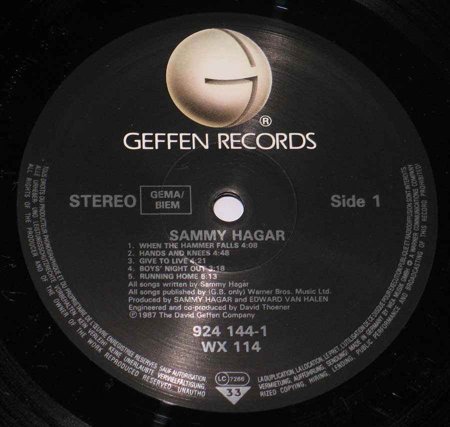 SAMMY HAGAR - S/T Self-Titled Not I Never Said Goodbye 12" Vinyl LP Album enlarged record label