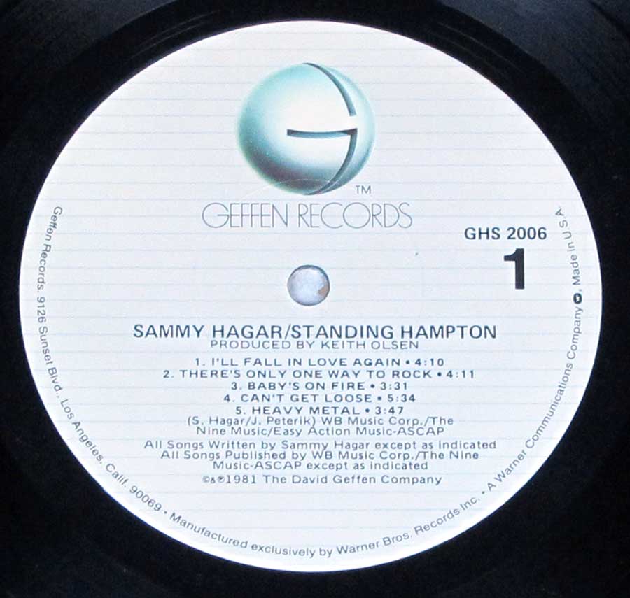 Close up of record's label SAMMY HAGAR - Standing Hampton Orig USA Sexy Cover Side One