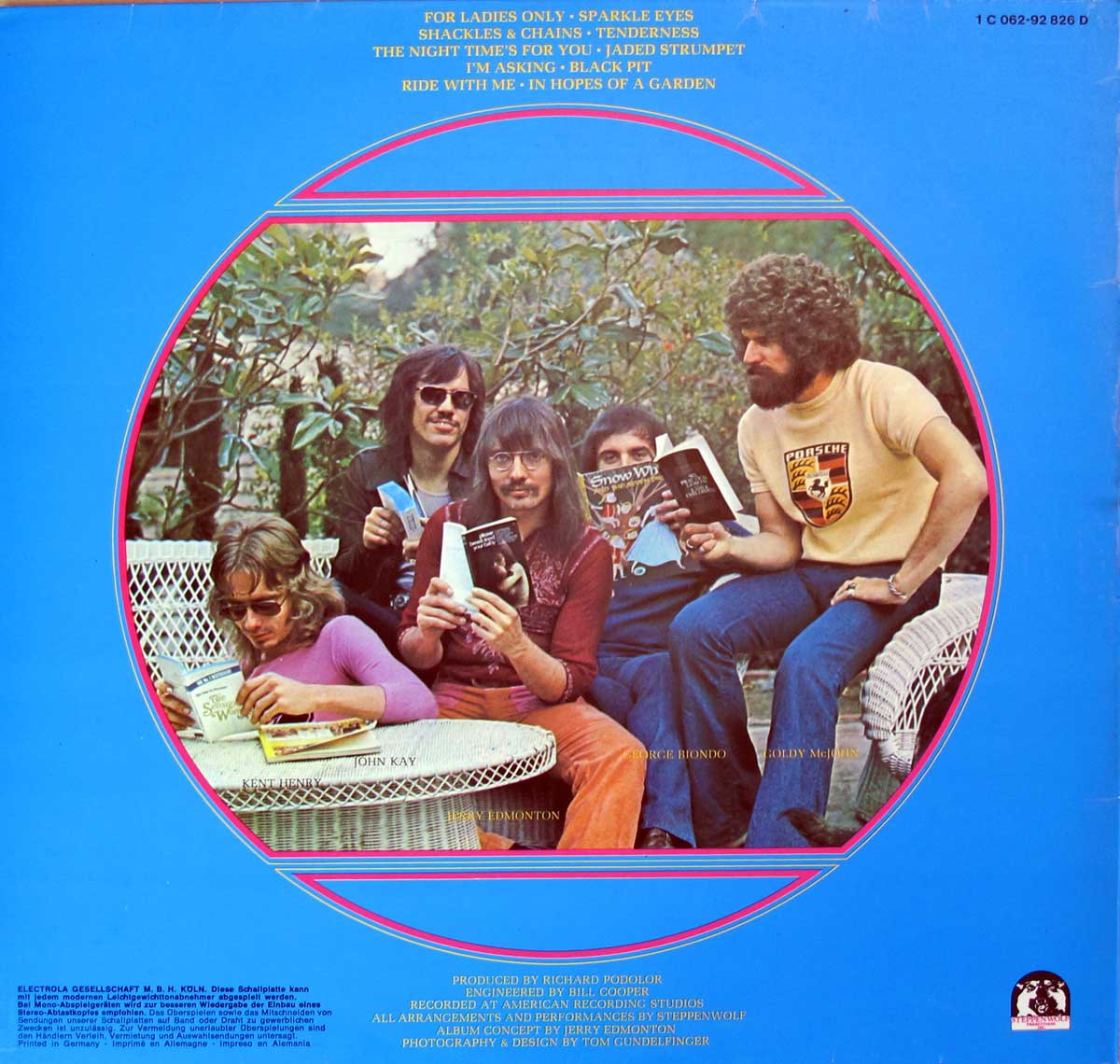 Photo of the five band-members of Steppenwolf, all of them interestly reading a book on female sexuality. 