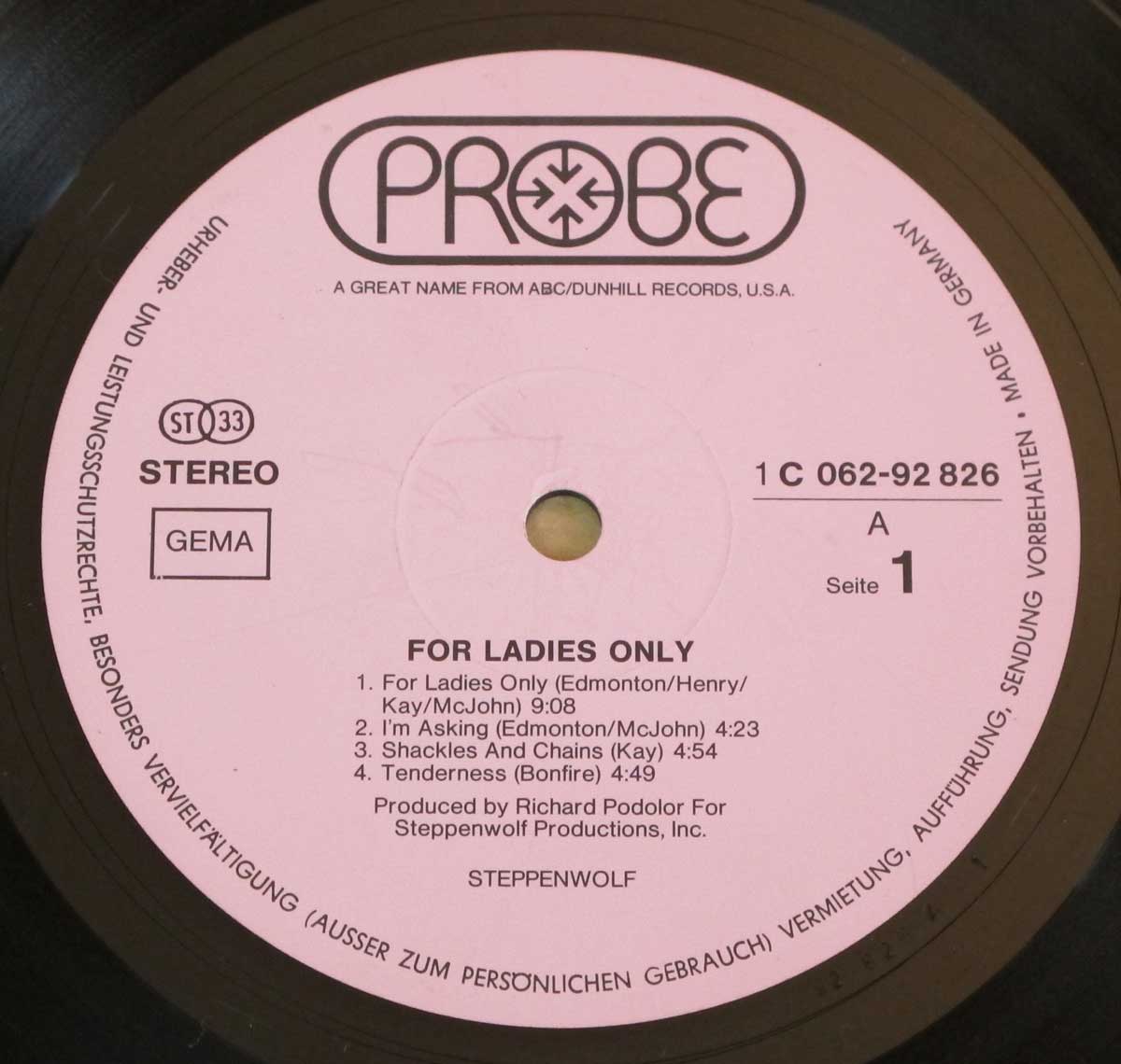 Close up of pink "Probe Records" STEPPENWOLF - For Ladies Only record's label 