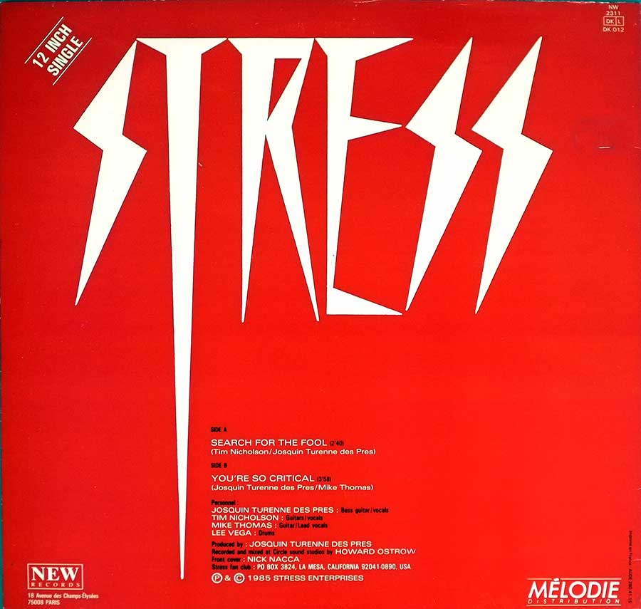 Photo of album back cover STRESS - Search For The Fool / You're So Critical 12" Maxi-Single Vinyl