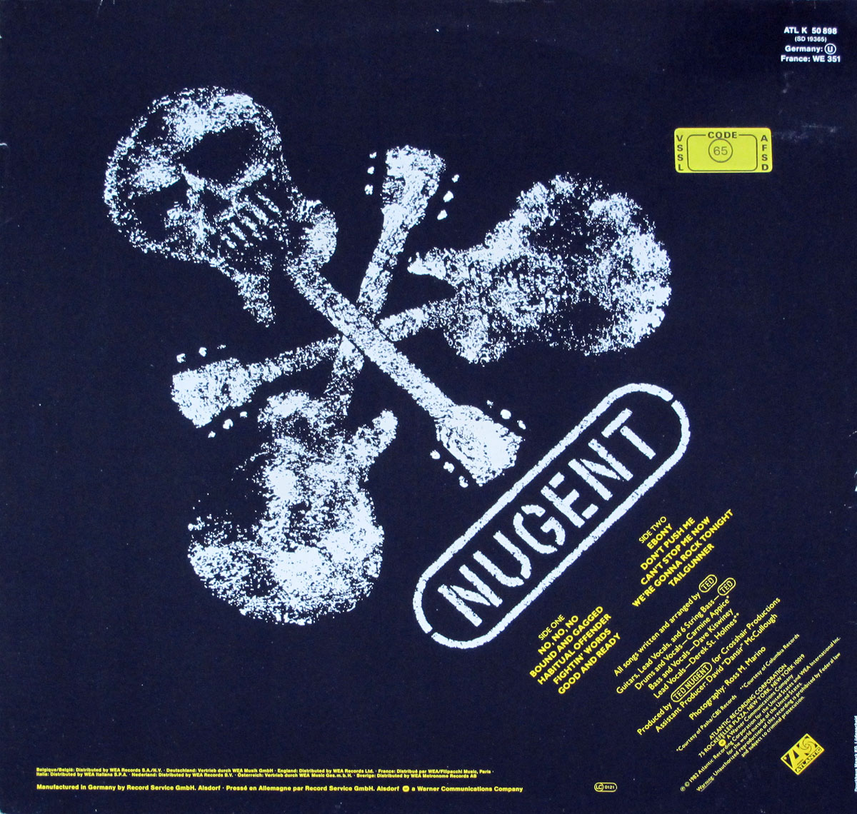 Back cover of the 1982 Ted Nugent album Nugent, Atlantic ATL 50 898, featuring a large distressed white skull-and-crossbones graphic formed from guitar silhouettes against a deep black background. The name 'Nugent' is stamped in bold white within an elongated oval, angled across the design. Yellow text lists tracks for both sides of the album along with credits for musicians, production, engineering, and manufacturing details.