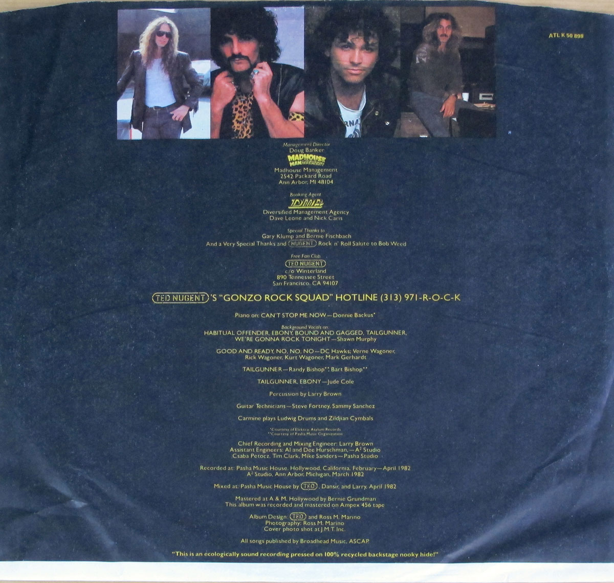 First side of the custom inner sleeve for the 1982 Ted Nugent album Nugent, Atlantic ATL 50 898, featuring four color photographs of band members at the top, followed by printed yellow text credits on a dark blue textured background. The credits detail management, booking, special thanks, musician contributions, recording and mastering locations, technical crew, and production notes.