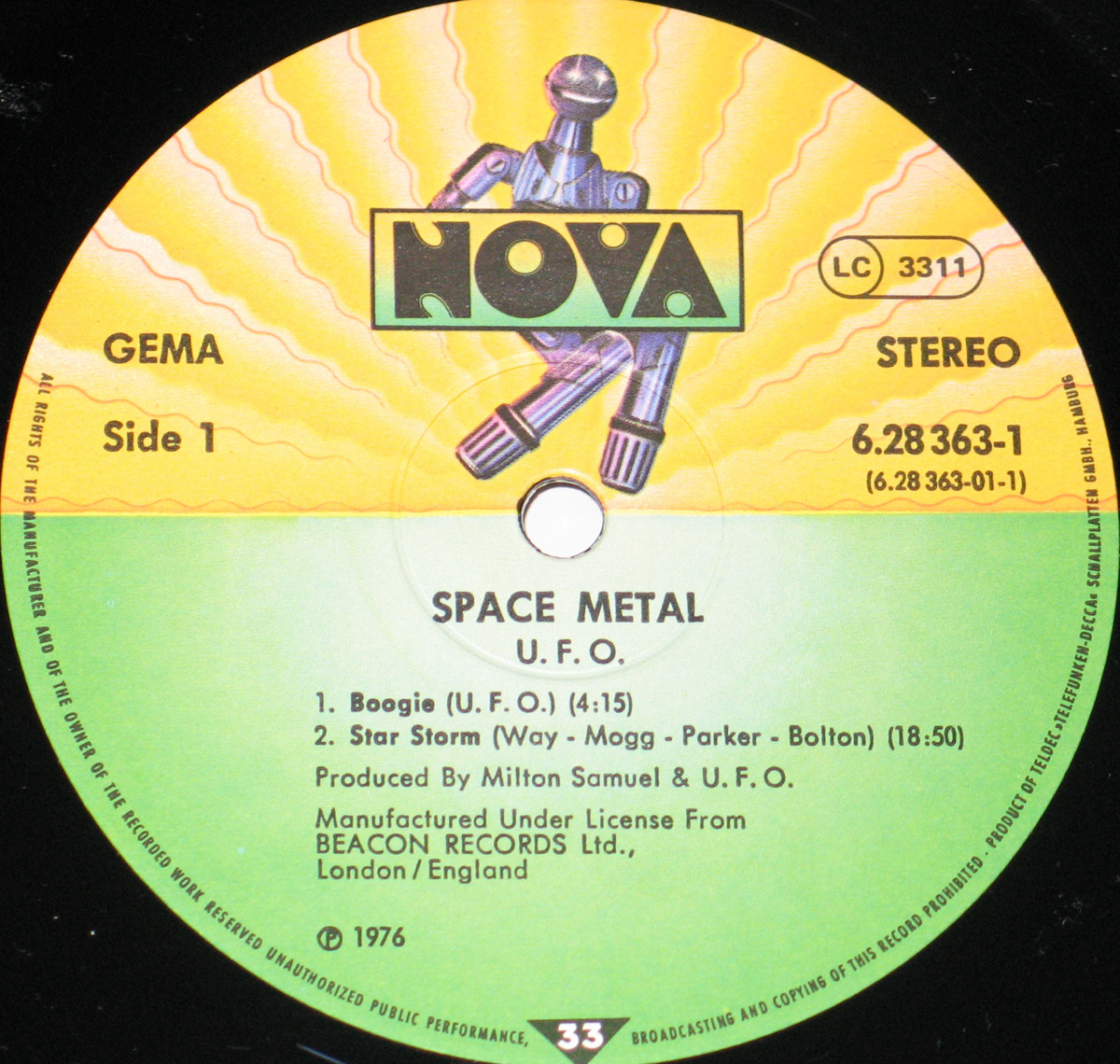 Close up of Side One record's label UFO - Space Metal - 12" Vinyl Double LP Album
