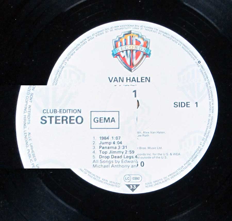 Close up of record's label VAN HALEN 1984 CLUB EDITION 12" LP Vinyl Album Side One