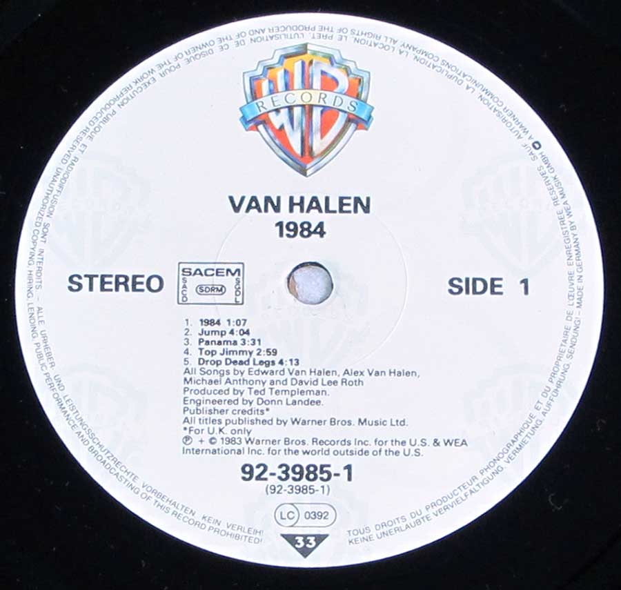 Close up of record's label VAN HALEN - 1984 France 12" Vinyl LP Album Side One