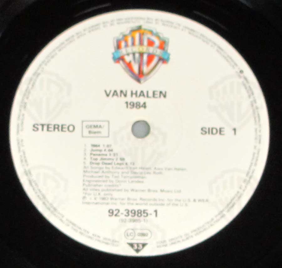 Close up of record's label VAN HALEN - 1984 German Release 12" VINYL LP ALBUM Side One