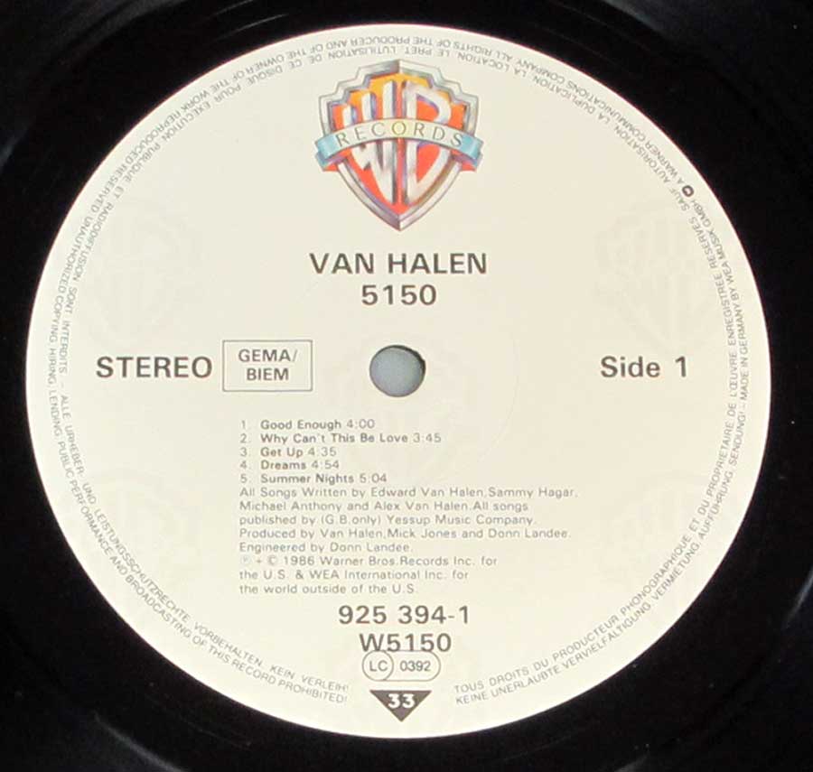 VAN HALEN - 5150 German Release 12" LP Vinyl Album enlarged record label