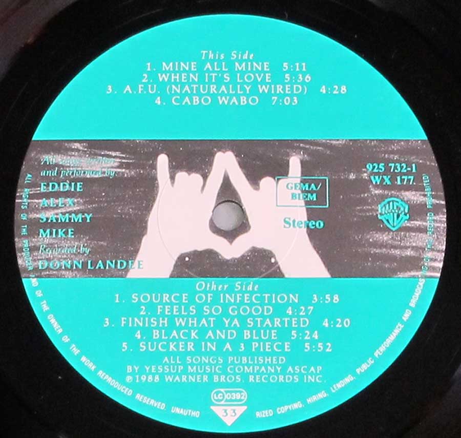 Close up of record's label VAN HALEN - OU812 12" LP VINYL ALBUM Side One