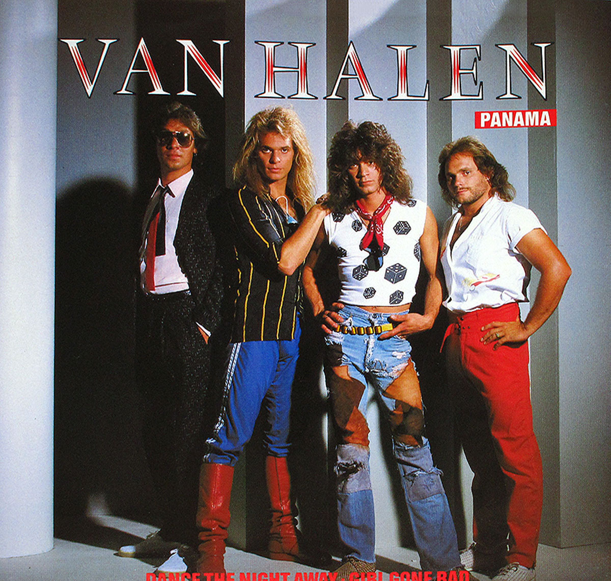 Front cover of the Van Halen maxi single 'Panama'. The photograph shows the four band members standing against a striped grey-and-white backdrop. From left to right: a member in a dark patterned suit with sunglasses and red tie, David Lee Roth with long blond hair wearing a black and yellow jacket and bright blue pants with red boots, Eddie Van Halen in ripped blue jeans, a white sleeveless shirt with dice prints and a red bandana around his neck, and Michael Anthony in a tight white shirt tucked into red pants. The band name 'Van Halen' appears in bold white capital letters with red shadowing across the top, with 'Panama' in a red box to the right.