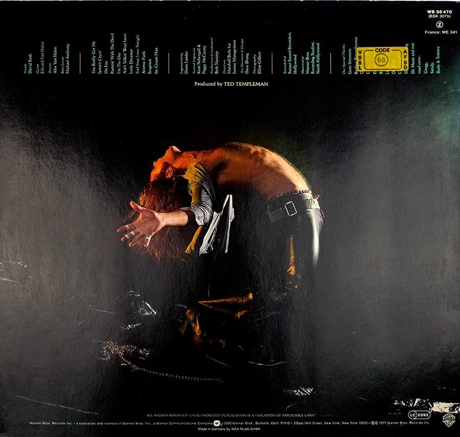 VAN HALEN - Self-Titled 12" Vinyl LP Album album back cover