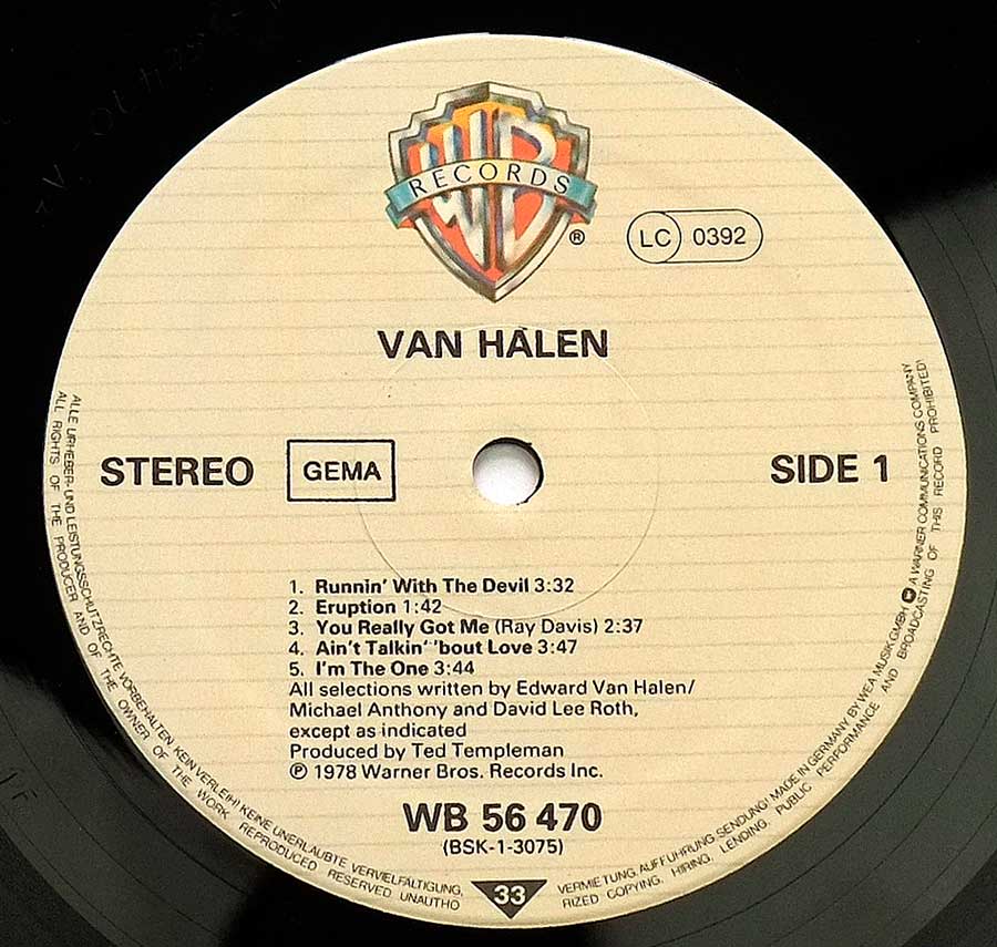 VAN HALEN - Self-Titled 12" Vinyl LP Album enlarged record label