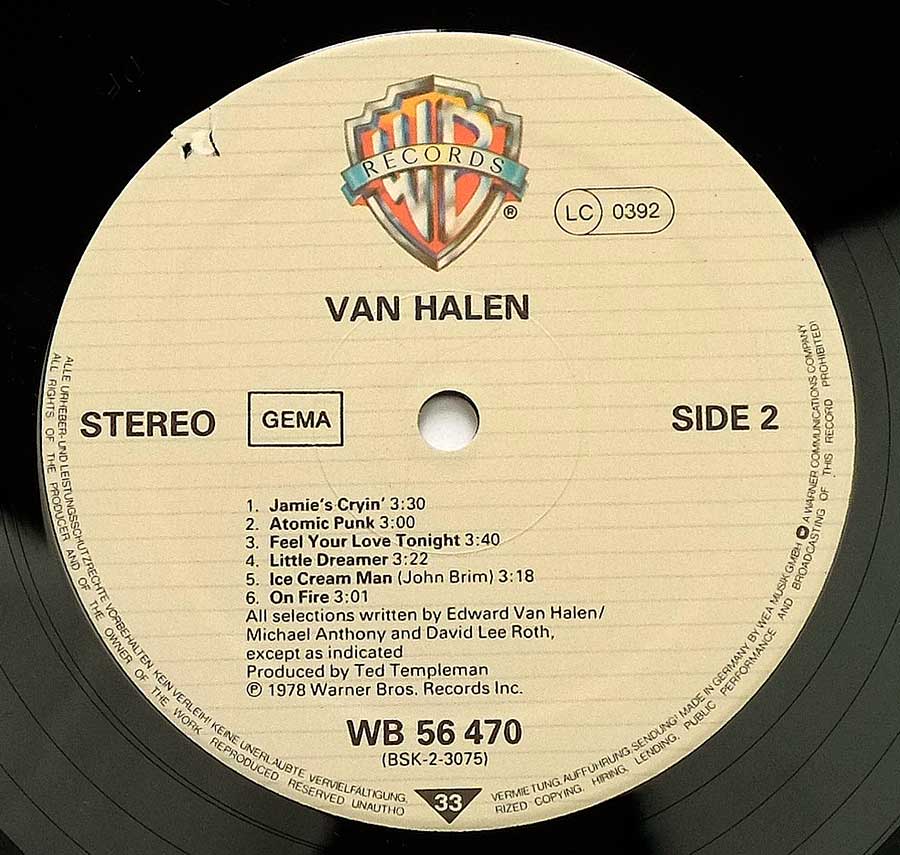 VAN HALEN - Self-Titled 12" Vinyl LP Album enlarged record label