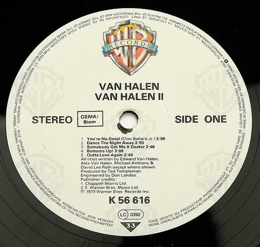 VAN HALEN - Van Halen II 12" Vinyl LP Album enlarged record label