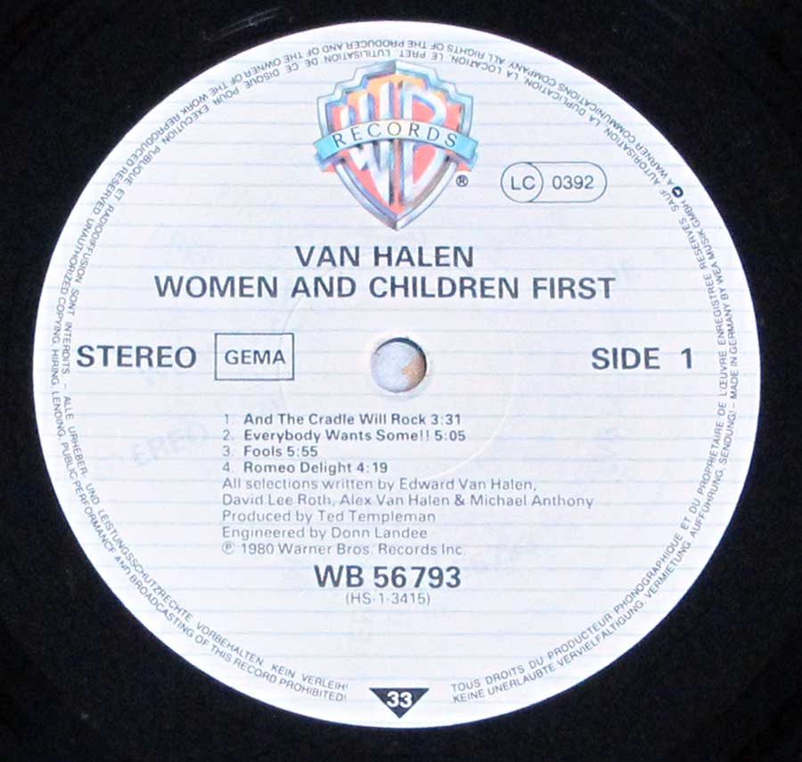 VAN HALEN - Women And Children German Release 12" VINYL LP ALBUM enlarged record label