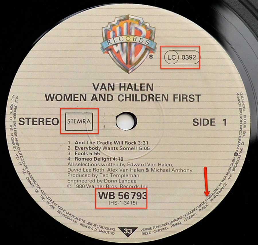 Close up of record's label VAN HALEN - Women and Children First - American Hard Rock Side One