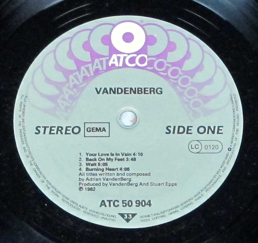 Close-up Photo of Grey ATCO Record Label for "VANDENBERG - Self-Titled"