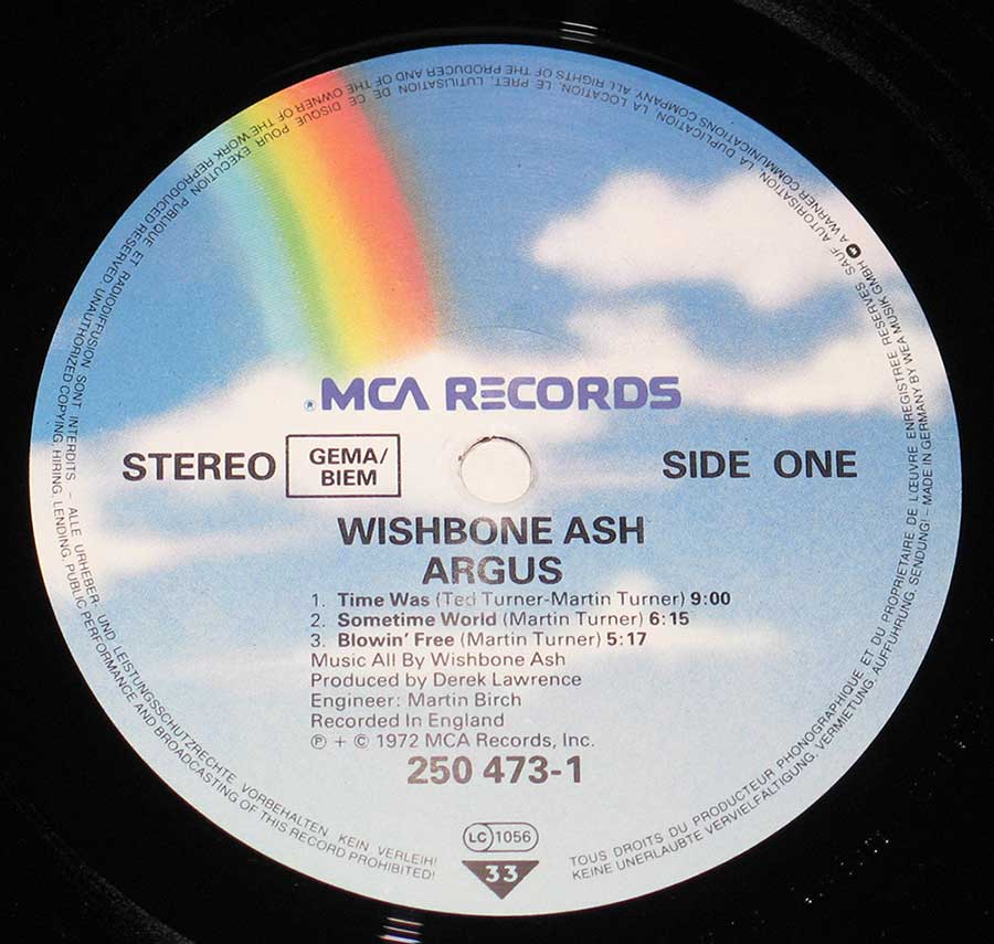 Close up of record's label WISHBONE ASH - Argus 12" VINYL LP ALBUM Side One