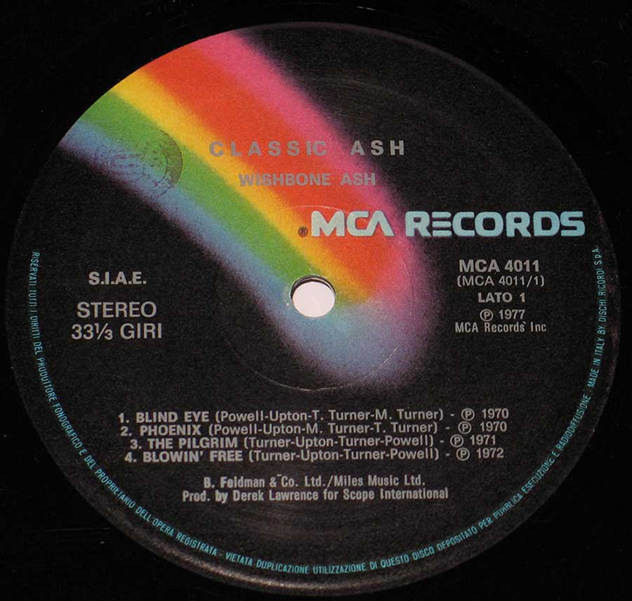 Close up of record's label WISHBONE ASH - Classic Ash Italian Release 12" Vinyl LP Album Side One