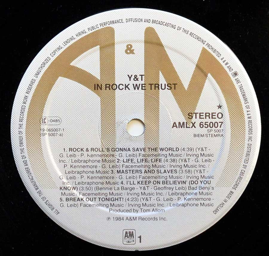 Close up of record's label Y&T - In Rock We Trust Side One