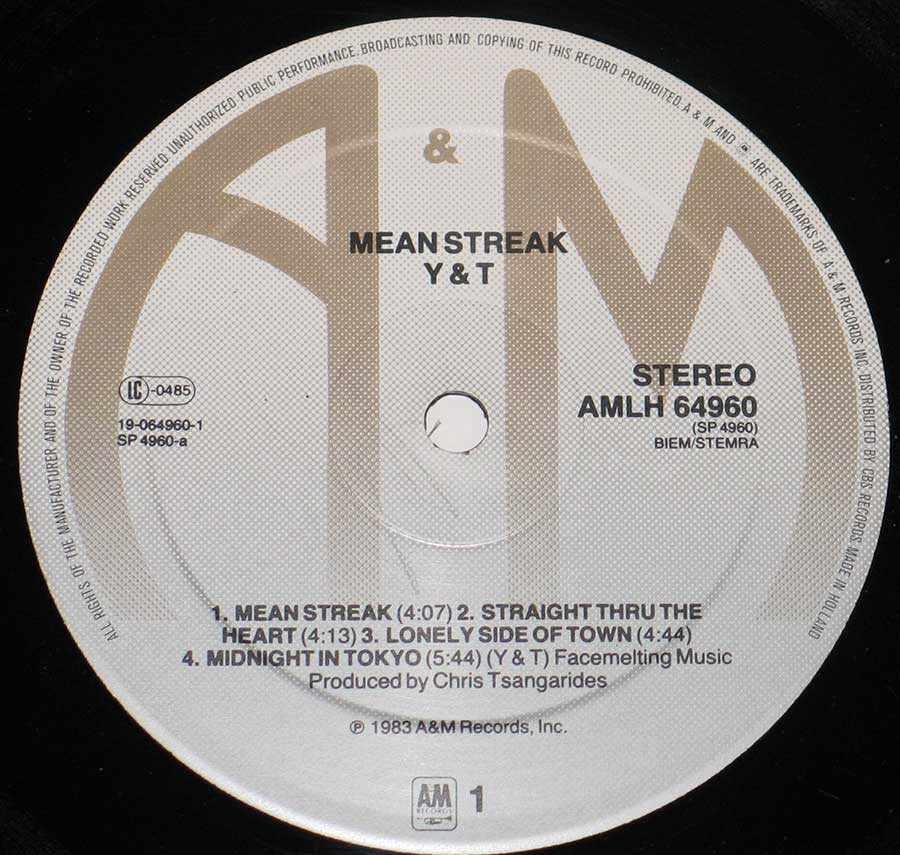 "Mean Streak" Record Label Details: A&M AMLH 64960 ℗ 1983 A&M Records Sound Copyright 