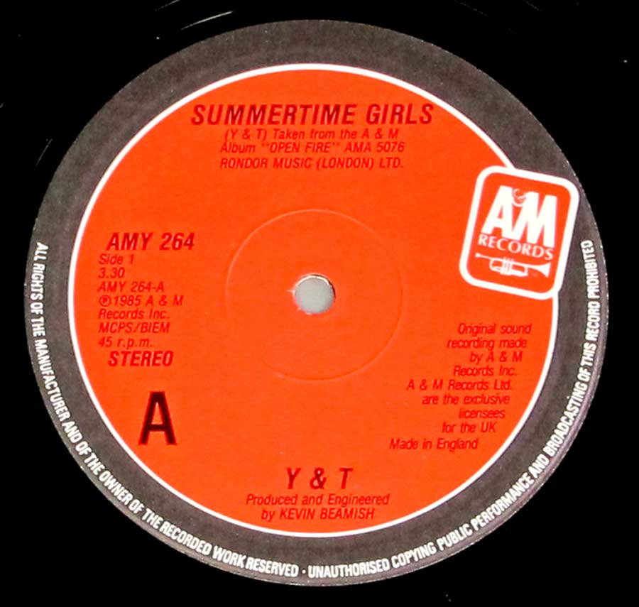 "Summertime GIrls by Y&T" Record Label Details: A&M Records AMY 264 