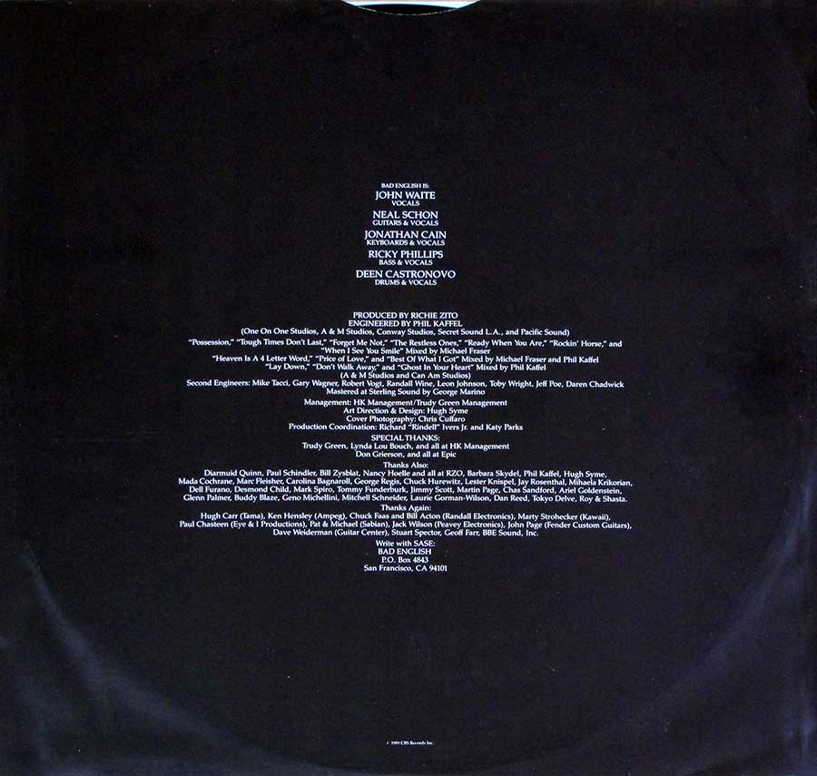 BAD ENGLISH - Self-Titled Debut Album 12" LP Vinyl Album custom inner sleeve